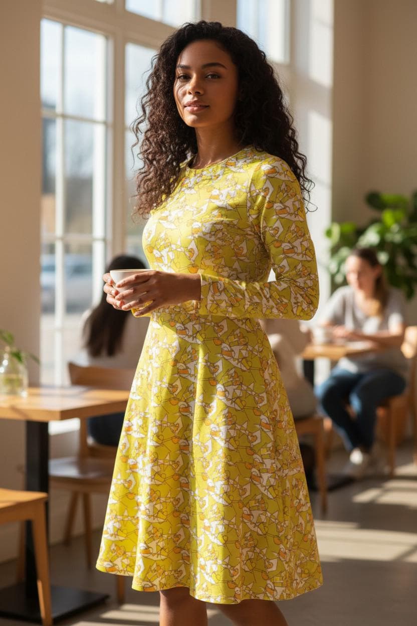 Bright Yellow Abstract A-Line Dress – Long Sleeve Midi with Pockets