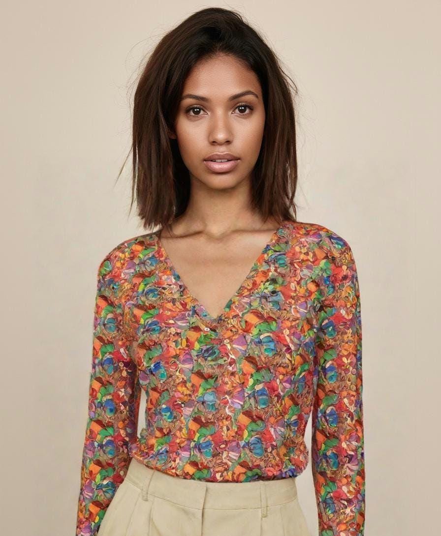 Colorful V-neck Long Sleeve Shirt: Vibrant Women's Top