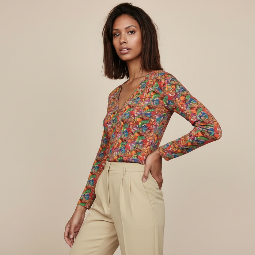 Colorful V-neck Long Sleeve Shirt: Vibrant Women's Top