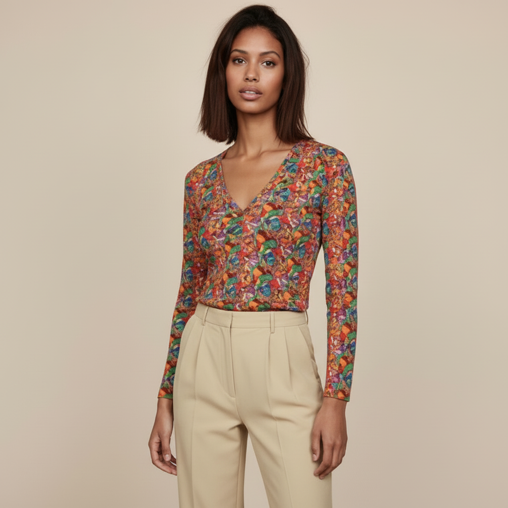 Colorful V-neck Long Sleeve Shirt: Vibrant Women's Top