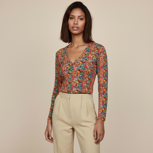 Colorful V-neck Long Sleeve Shirt: Vibrant Women's Top