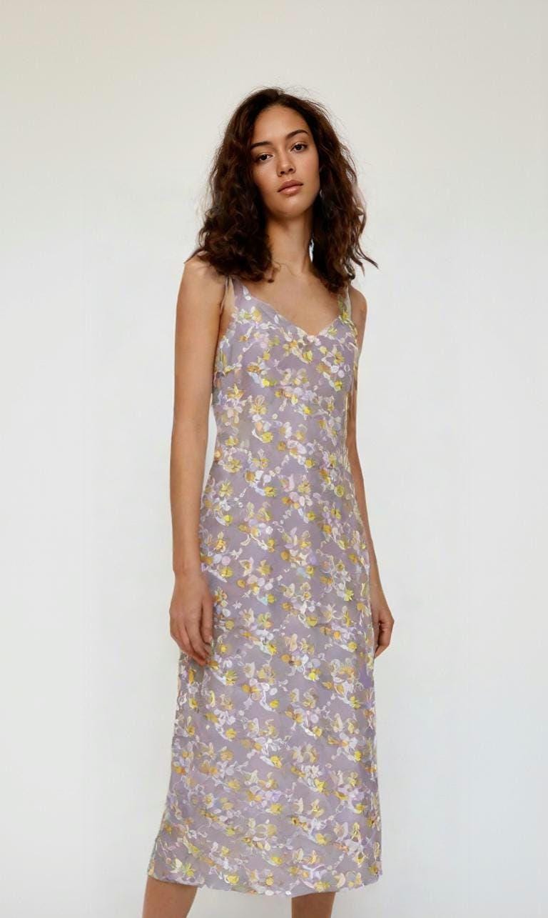 Lavender Floral Midi Slip Dress: Tie-Strap Chiffon Gown