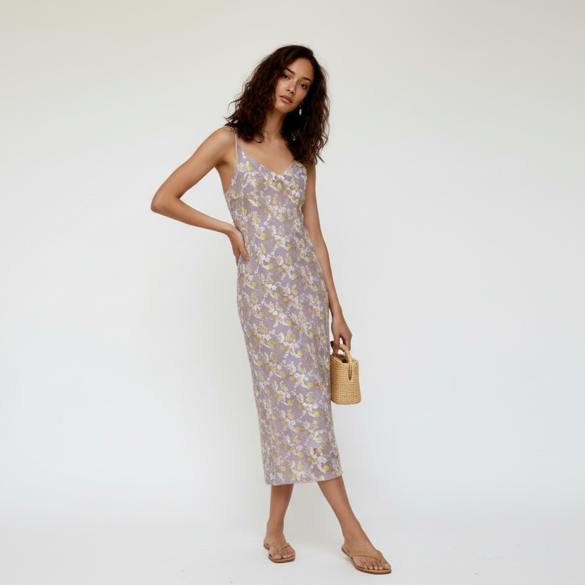Lavender Floral Midi Slip Dress: Tie-Strap Chiffon Gown