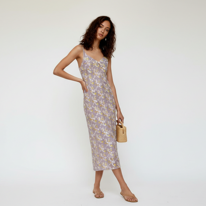 Lavender Floral Midi Slip Dress: Tie-Strap Chiffon Gown