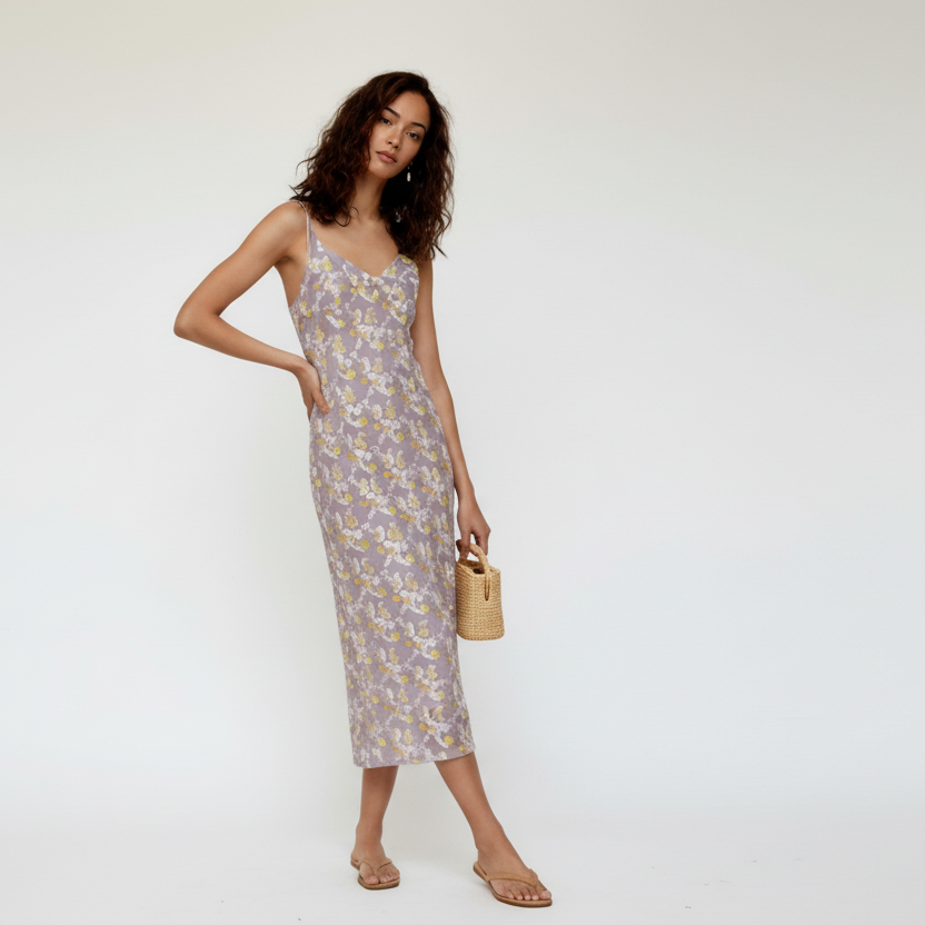 Lavender Floral Midi Slip Dress: Tie-Strap Chiffon Gown