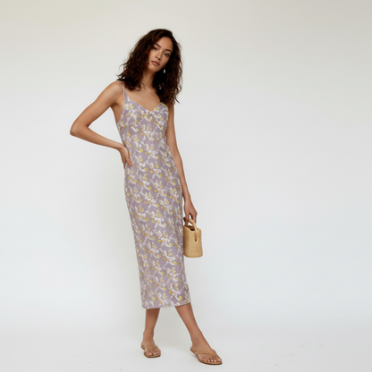 Lavender Floral Midi Slip Dress: Tie-Strap Chiffon Gown