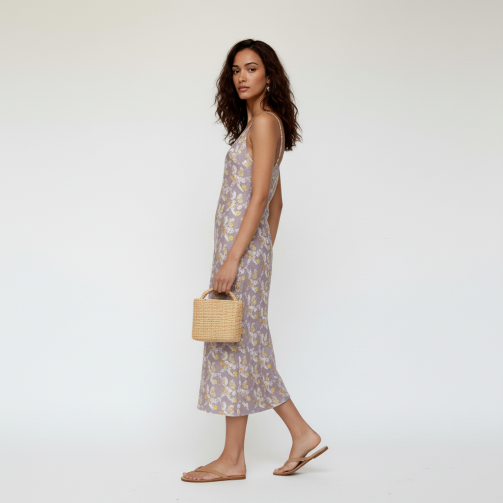 Lavender Floral Midi Slip Dress: Tie-Strap Chiffon Gown