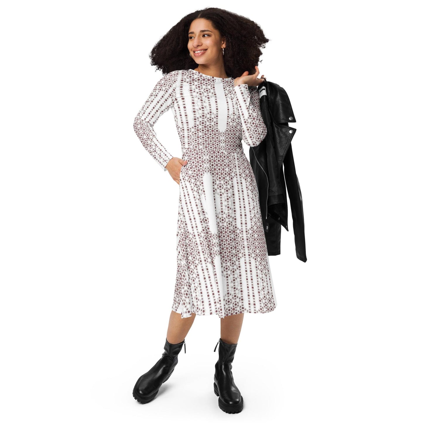 Bronze & White Skater Dress | Long Sleeve Midi with Pockets