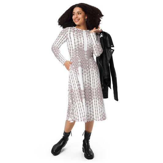 Bronze & White Skater Dress | Long Sleeve Midi with Pockets