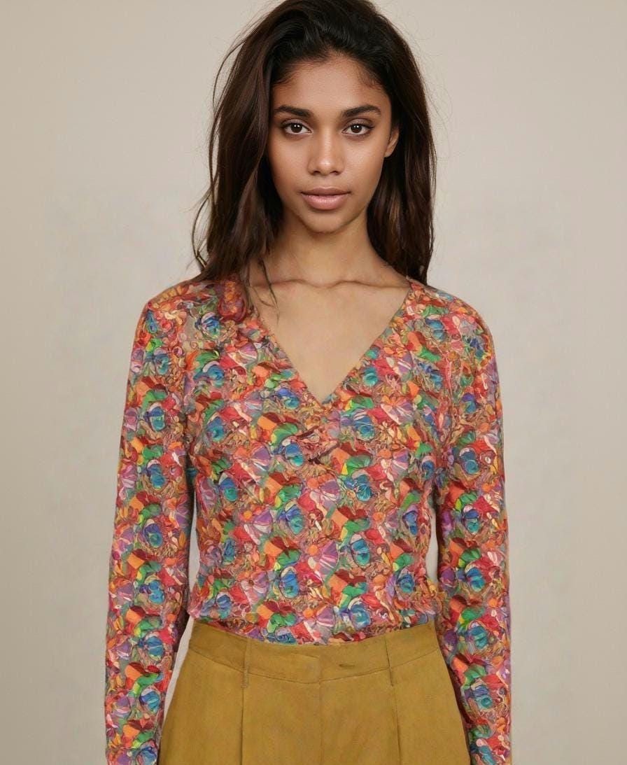 Colorful V-neck Long Sleeve Shirt: Vibrant Women's Top