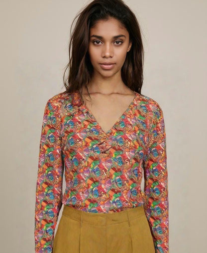 Colorful V-neck Long Sleeve Shirt: Vibrant Women's Top