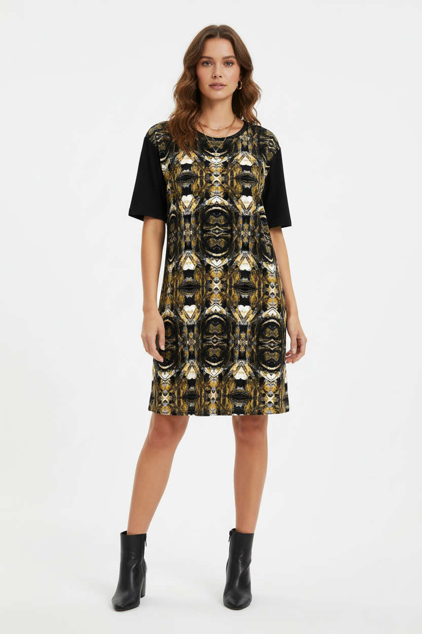Black and Gold T-Shirt Dress: Oversized Short Sleeve Party Dress