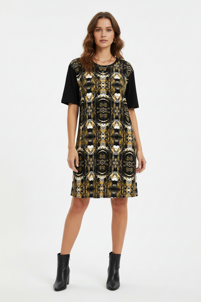 Black and Gold T-Shirt Dress: Oversized Short Sleeve Party Dress