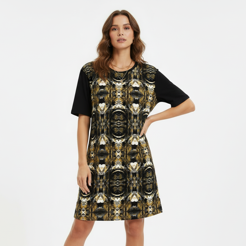 Black and Gold T-Shirt Dress: Oversized Short Sleeve Party Dress