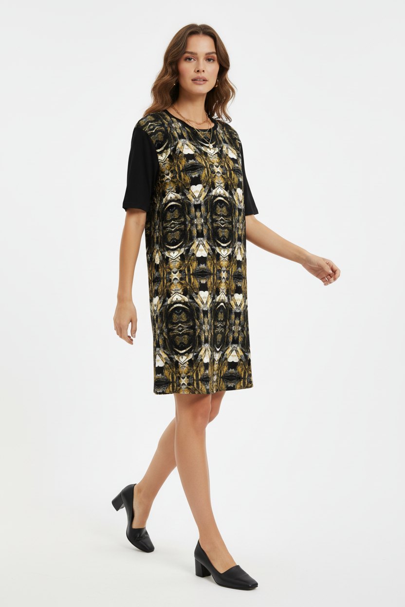 Black and Gold T-Shirt Dress: Oversized Short Sleeve Party Dress