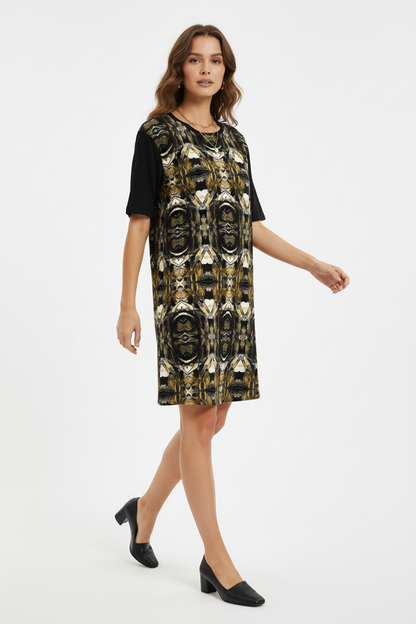 Black and Gold T-Shirt Dress: Oversized Short Sleeve Party Dress