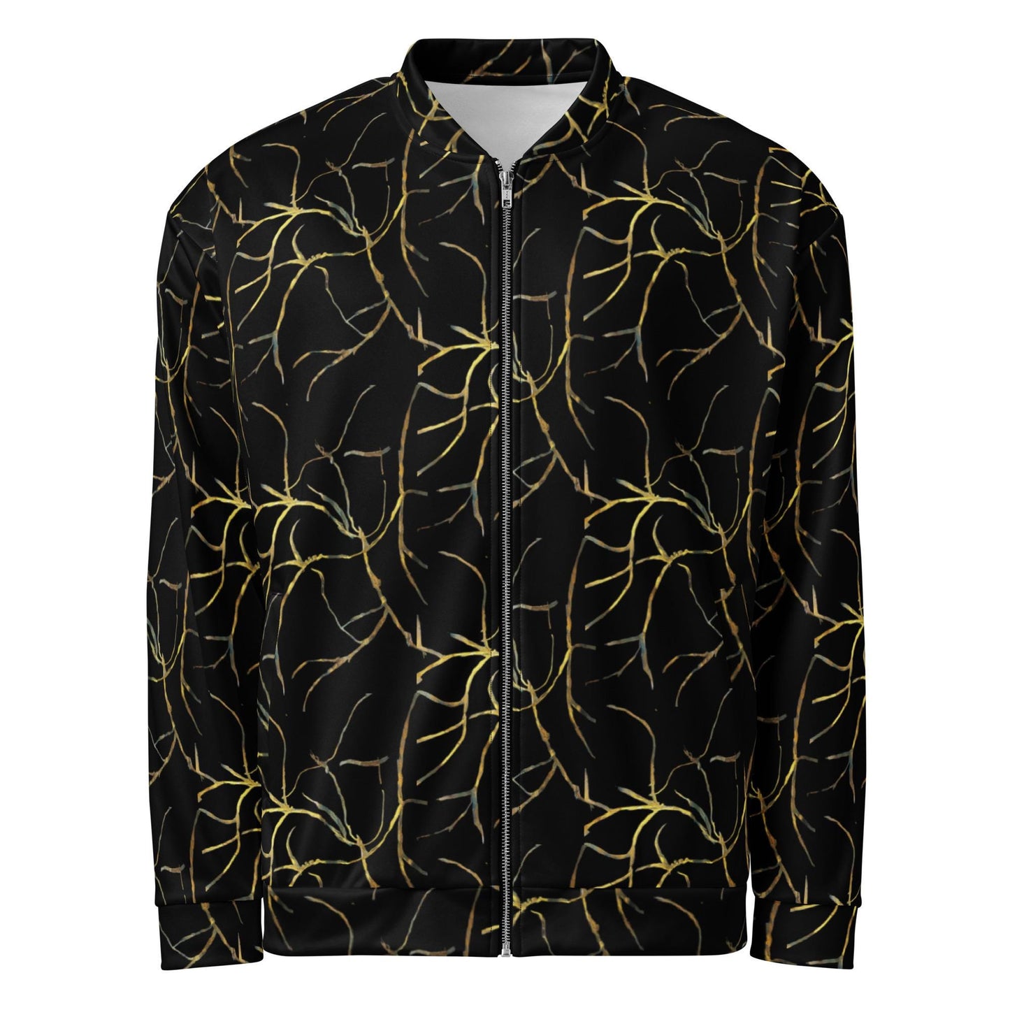 Black and Gold Bomber Jacket: Abstract Leaf Pattern, Lightweight Outerwear