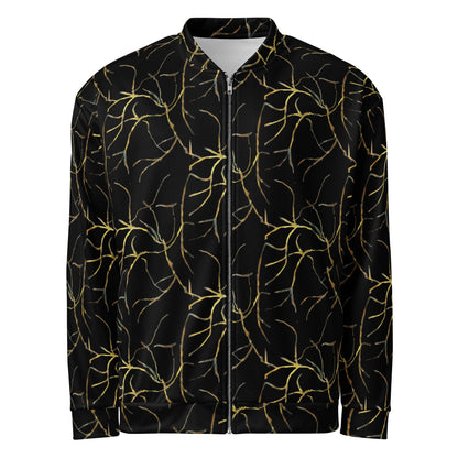 Black and Gold Bomber Jacket: Abstract Leaf Pattern, Lightweight Outerwear
