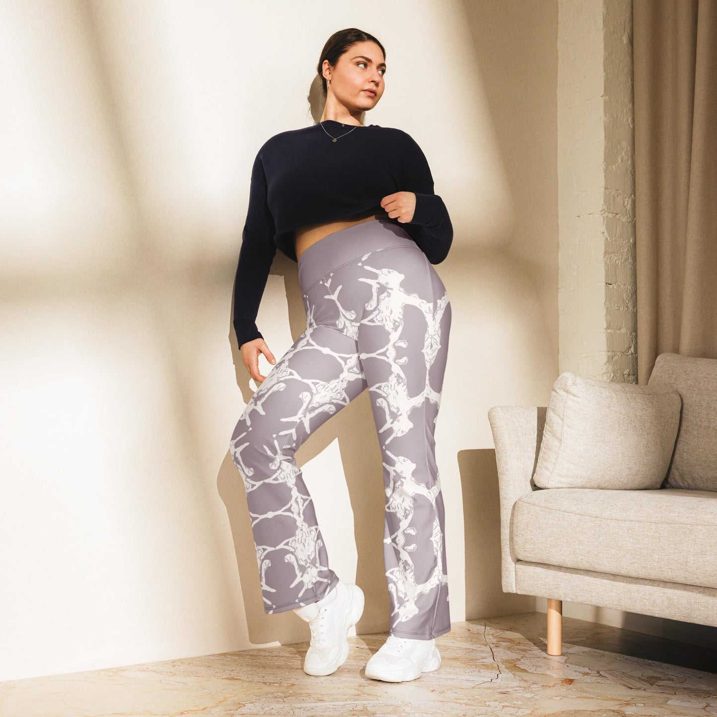 Abstract Print Wide-Leg Trousers: High-Waisted Pearl Pink Leggings