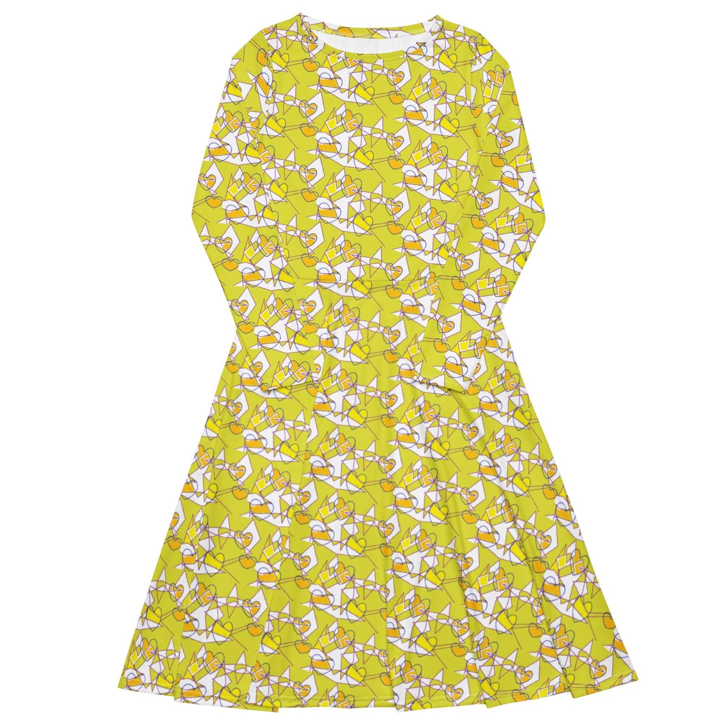 Bright Yellow Abstract A-Line Dress – Long Sleeve Midi with Pockets
