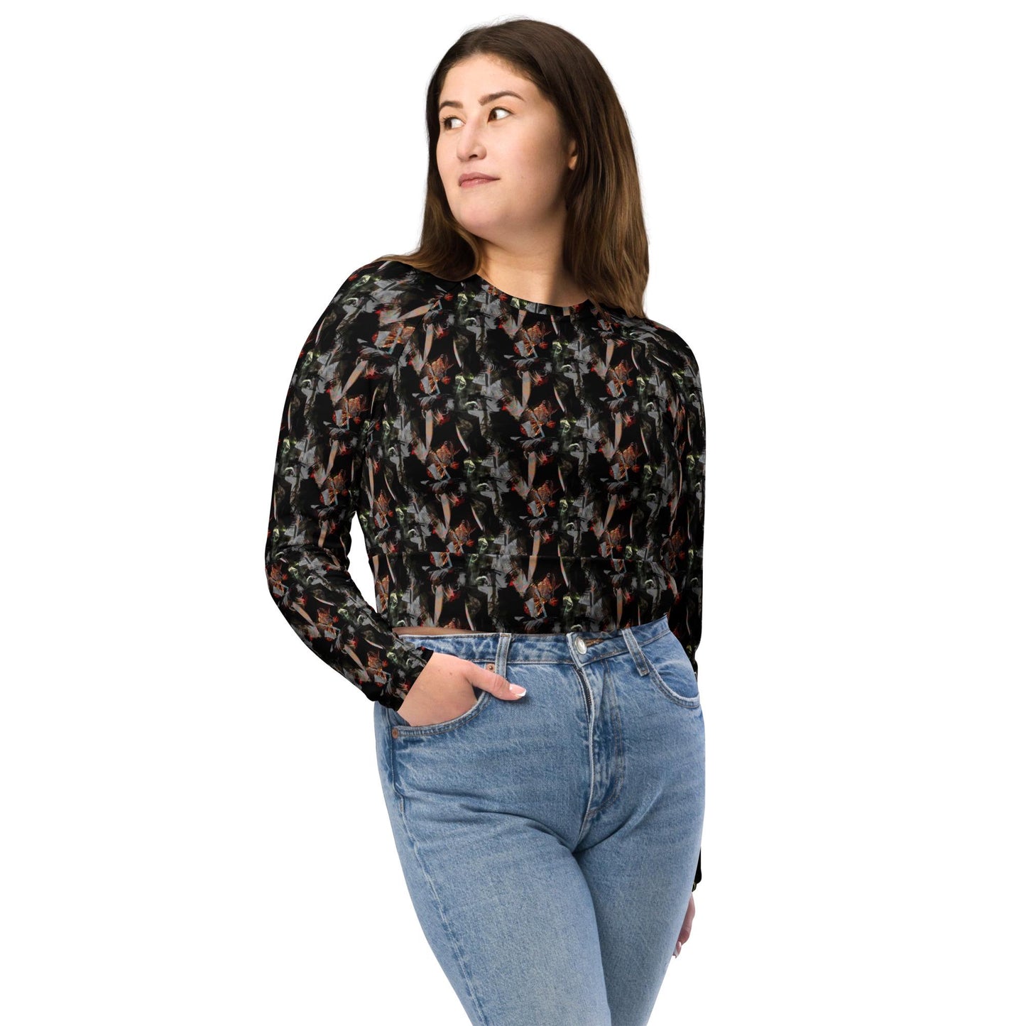 Recycled Polyester Crop Top, Abstract Print Long Sleeve, UPF 50+