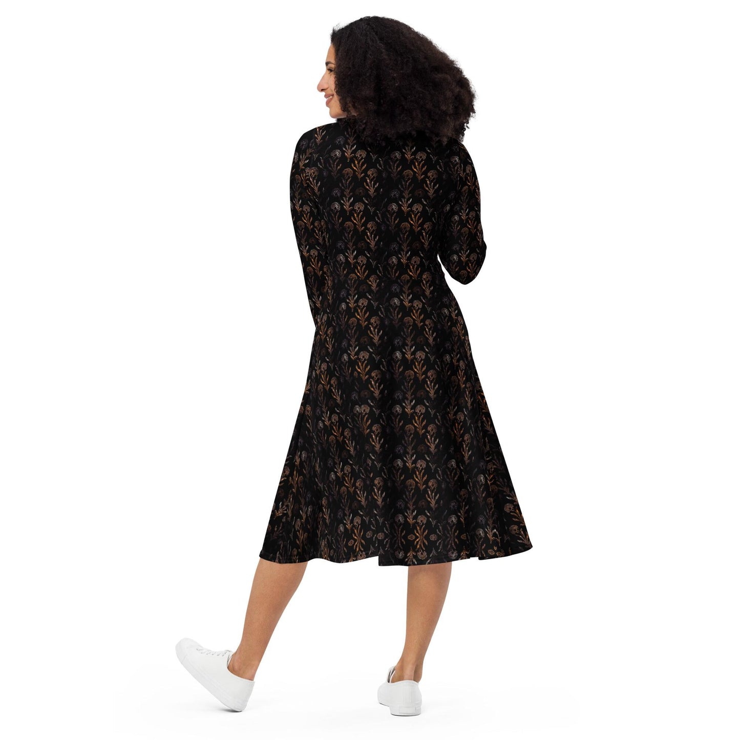 Floral Maxi Dress: Black & Gold Flared Long Sleeve Midi