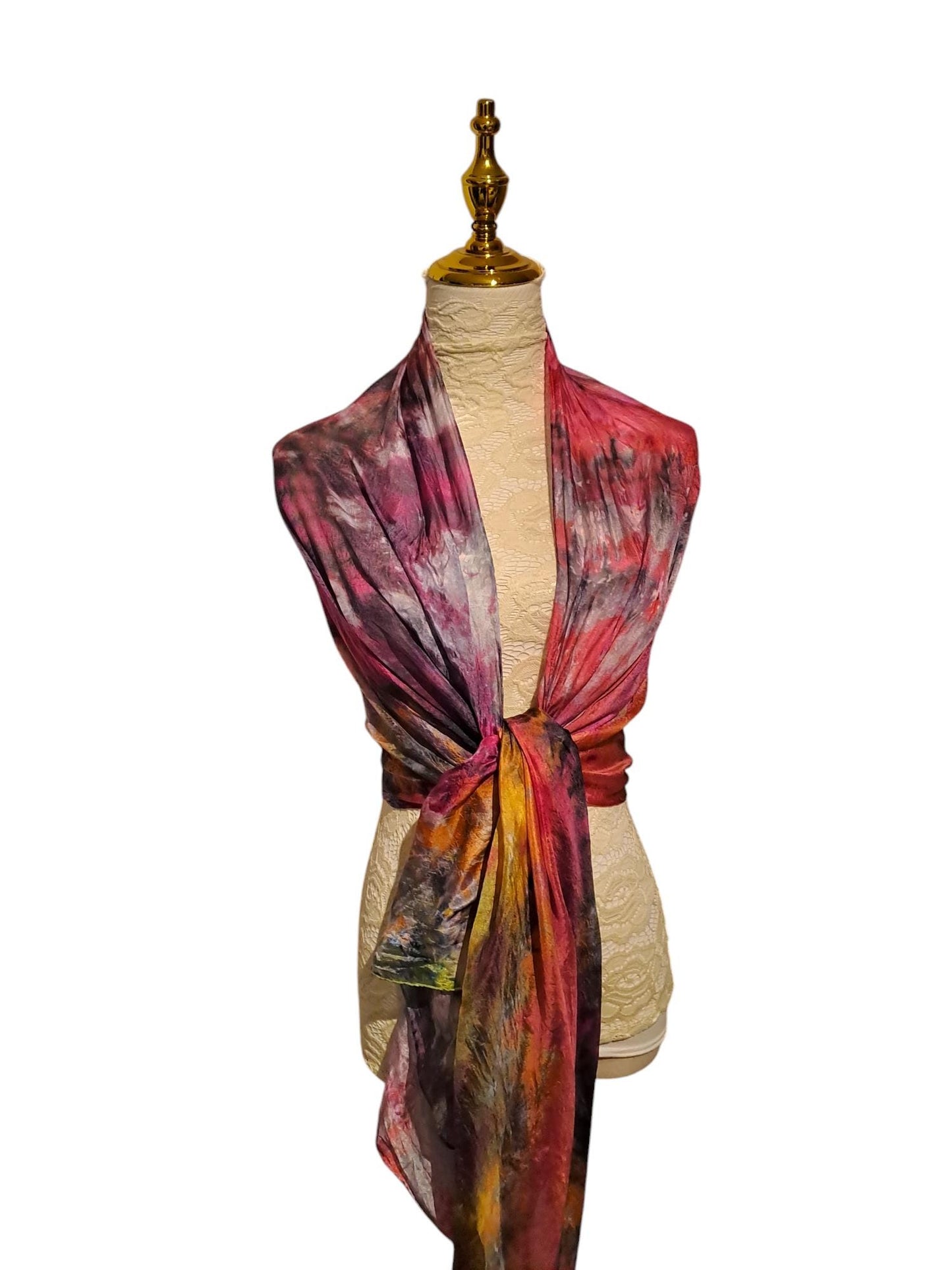 Red Abstract Scarf: Elegant Ice-Dyed Ladies Accessory