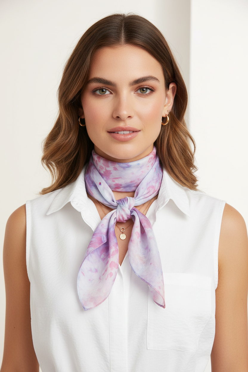 Hand-Dyed Silk Scarf: Watercolor Tie Dye Bandana - Pink & Purple