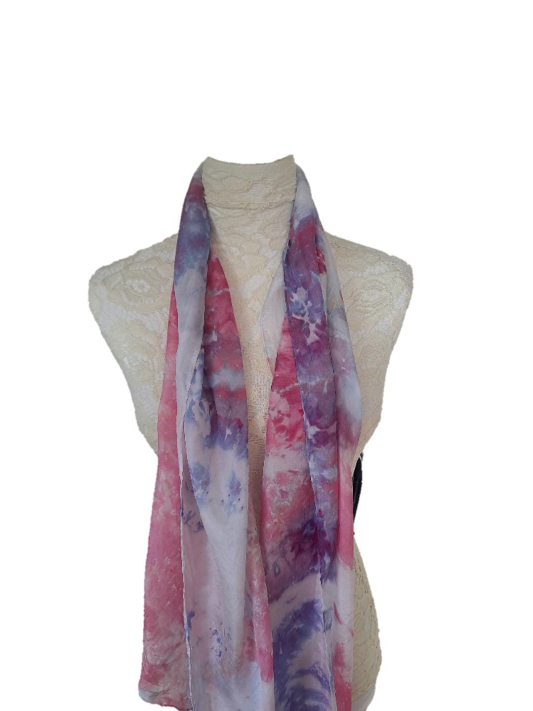 Handmade Ice Dyed Silk Scarf – Dreamy Pastel Watercolour Wrap in Pink, Purple & Blue