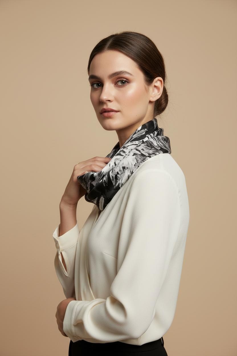 Floral Silver and Black Infinity Scarf: Sheered Jersey Scarf