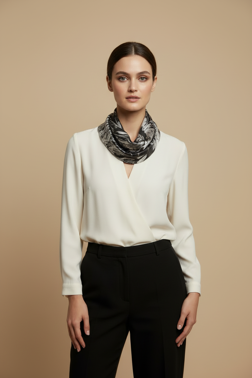 Floral Silver and Black Infinity Scarf: Sheered Jersey Scarf