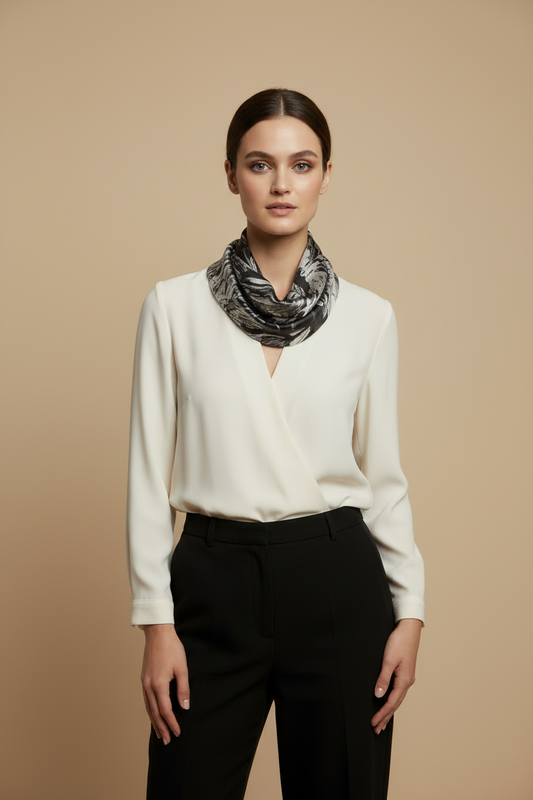 Floral Silver and Black Infinity Scarf: Sheered Jersey Scarf