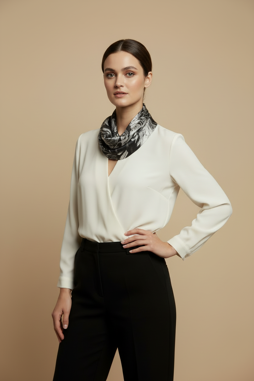Floral Silver and Black Infinity Scarf: Sheered Jersey Scarf
