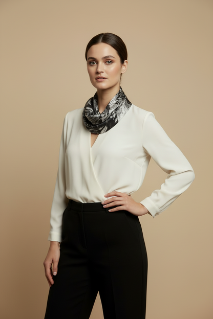 Floral Silver and Black Infinity Scarf: Sheered Jersey Scarf