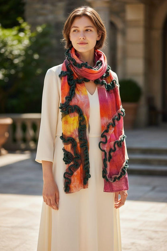 Handmade Hippy Silk Shawl: Orange & Green with Black Ribbons