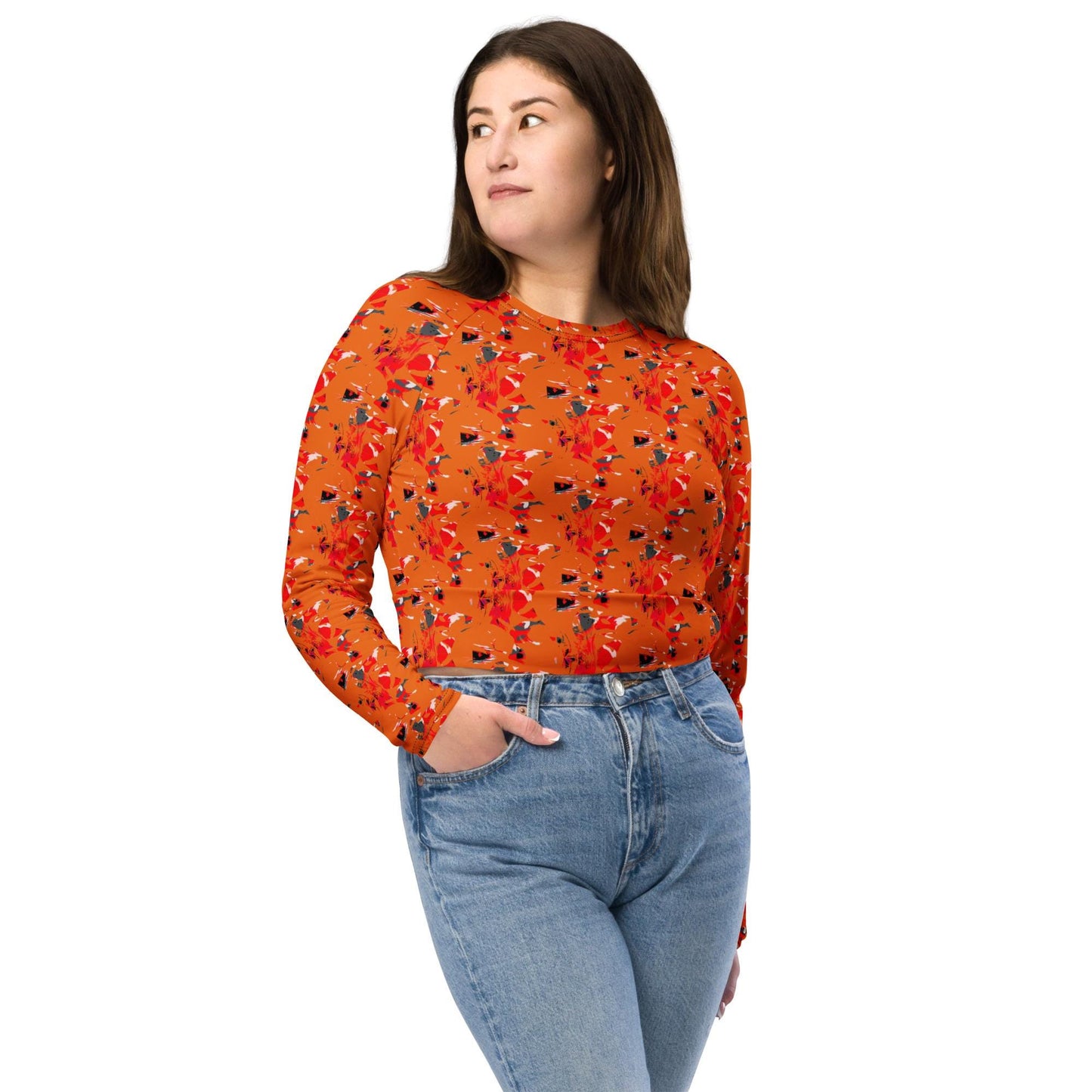 Recycled Orange Crop Top: Abstract Print, Long Sleeve