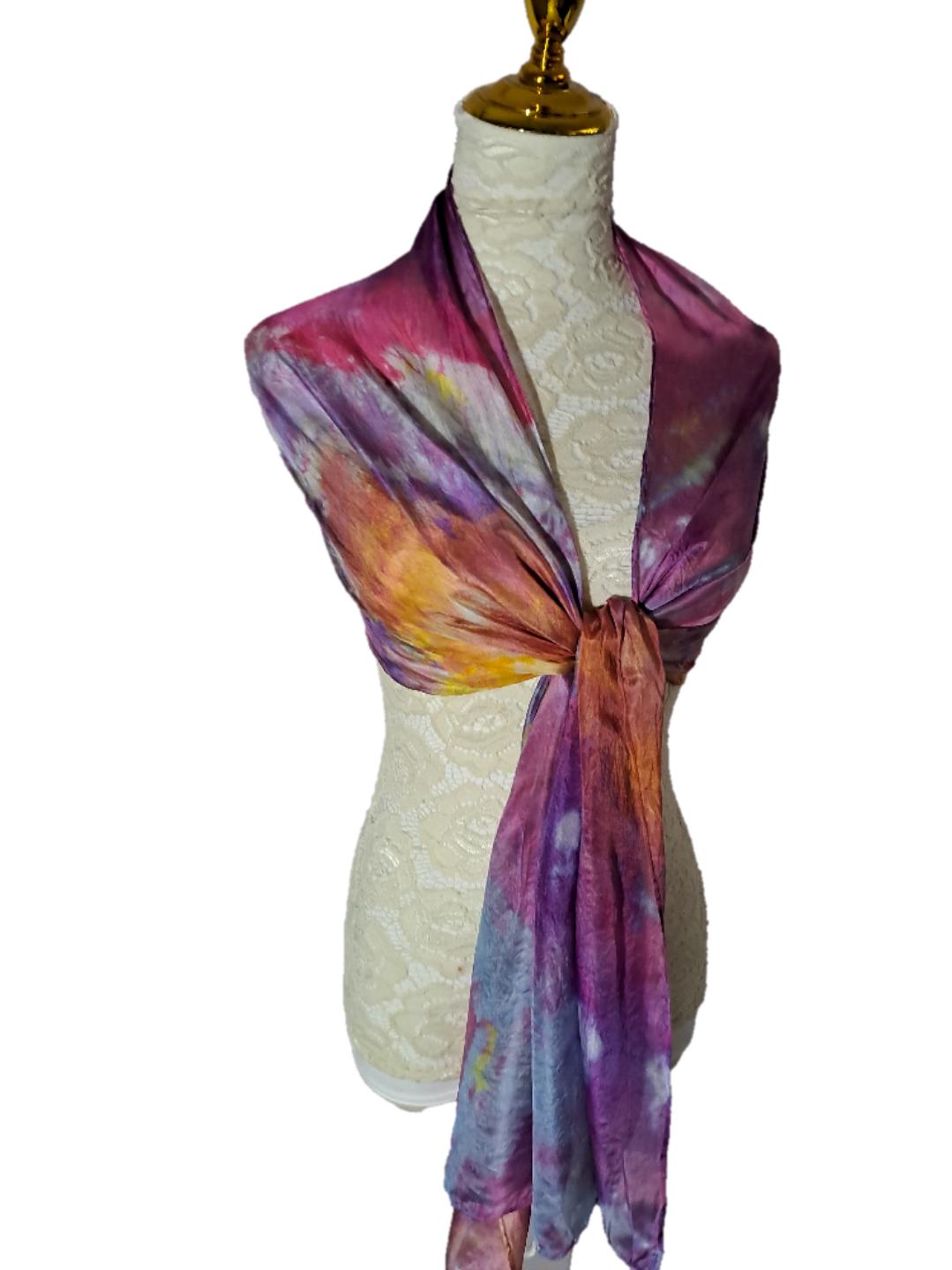 Hand Dyed Silk Scarf: Purple Orange Watercolor Boho Shawl