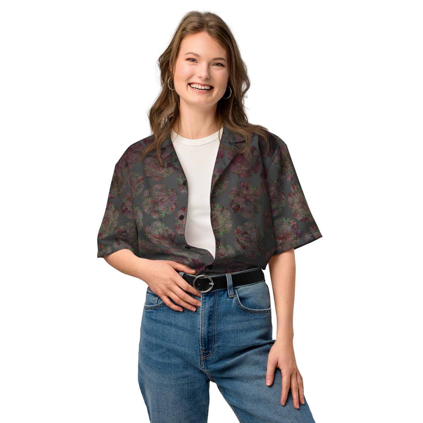 Vintage-Inspired Dark Floral Print Cropped Shirt – Women’s Casual Button-Up Blouse