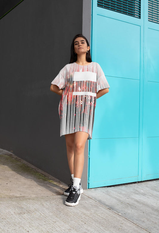 Barcode Print T-Shirt Dress: Oversized Red & White Ombré Design