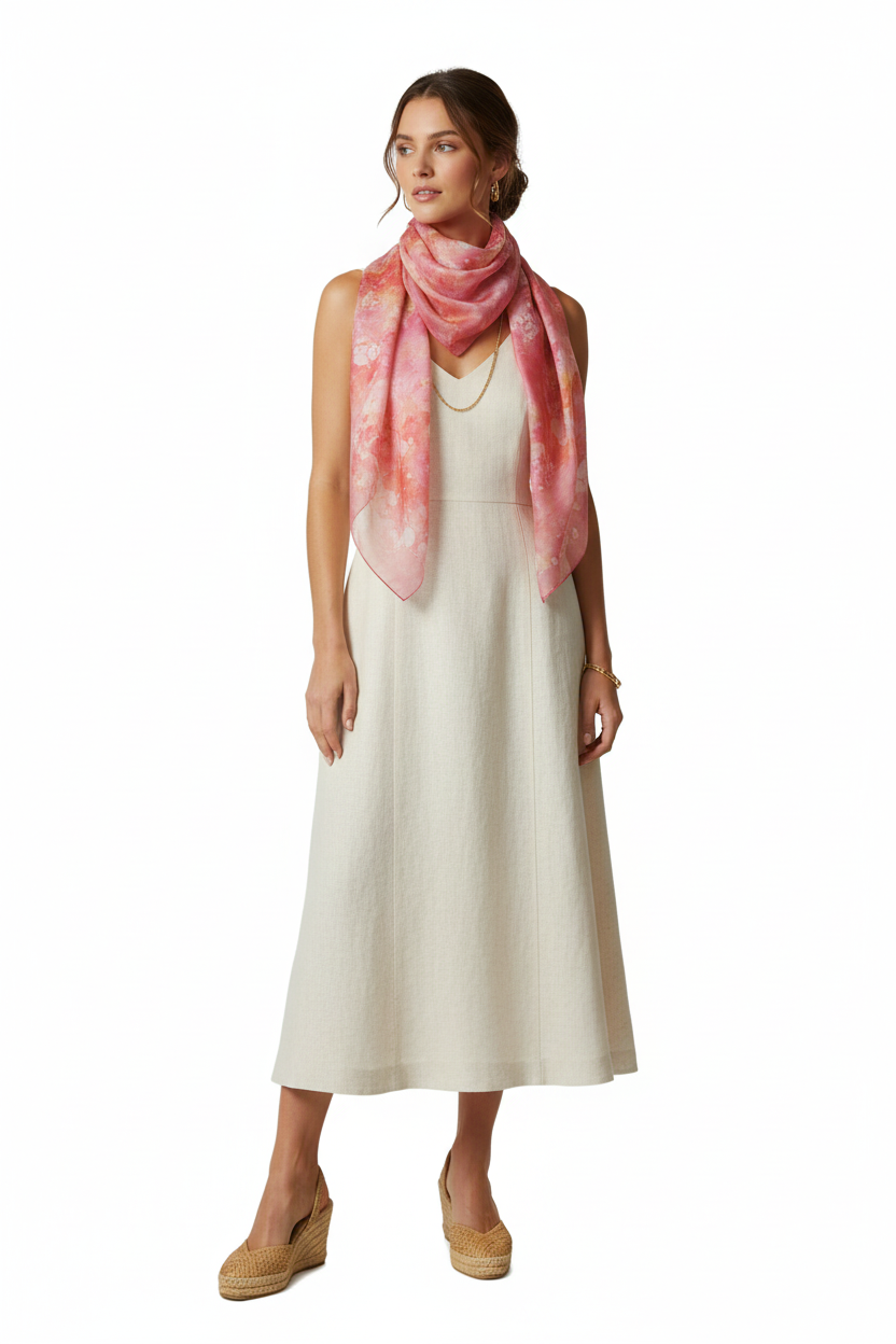 Handcrafted Batik Silk Scarf: Pink Blossoms, Light Purple Accessory