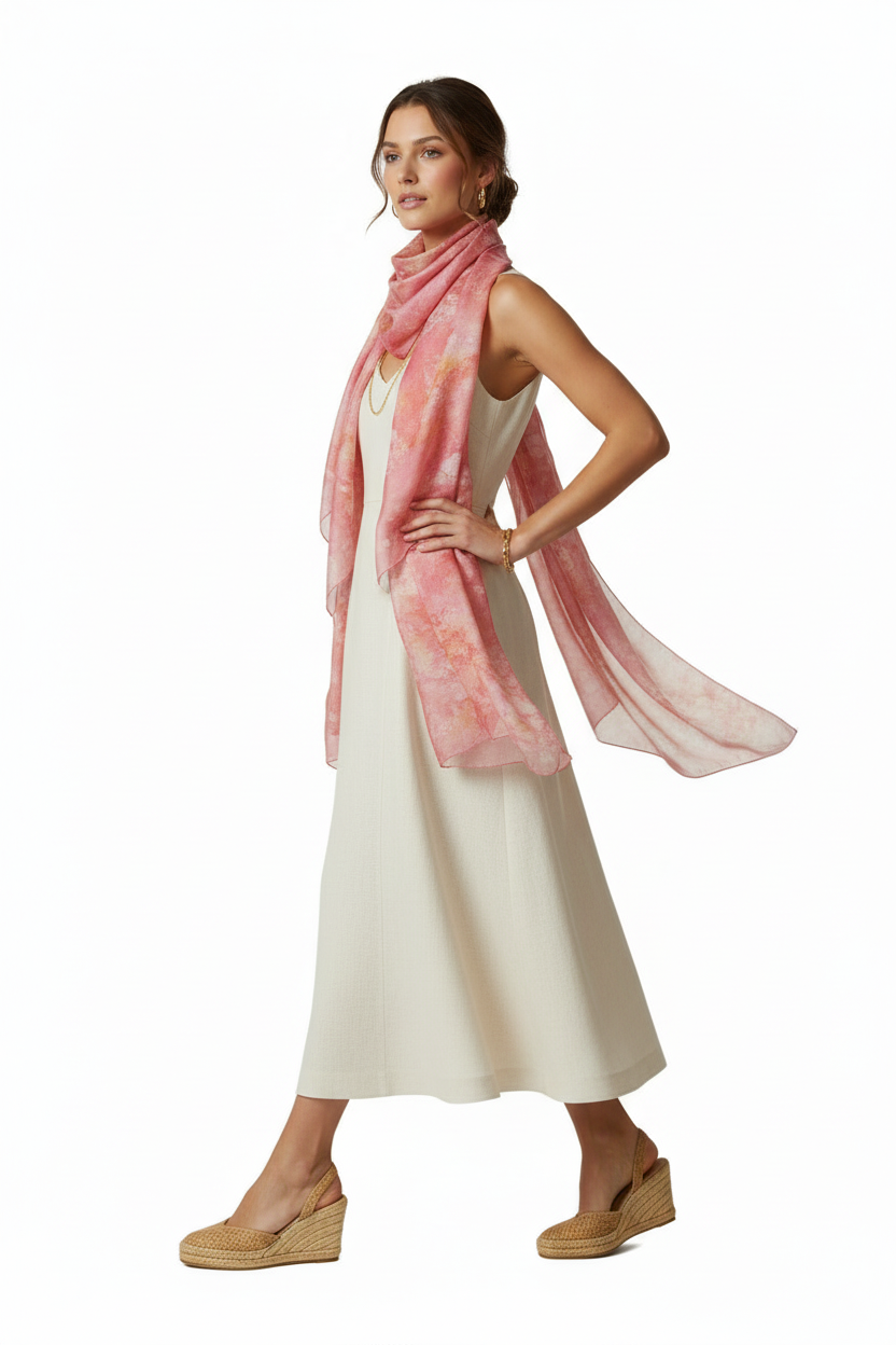 Handcrafted Batik Silk Scarf: Pink Blossoms, Light Purple Accessory