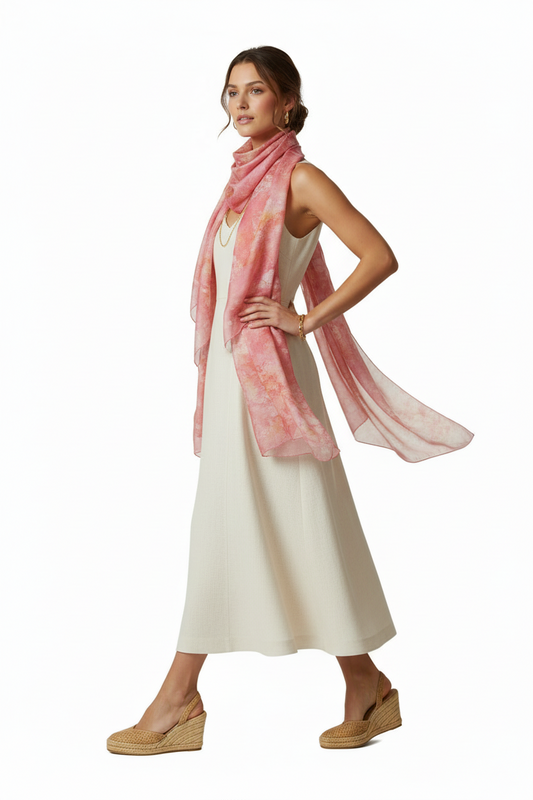 Handcrafted Batik Silk Scarf: Pink Blossoms, Light Purple Accessory