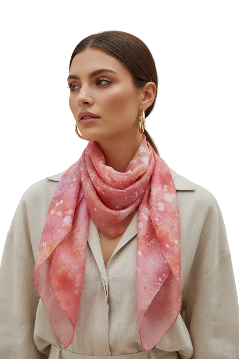 Handcrafted Batik Silk Scarf: Pink Blossoms, Light Purple Accessory