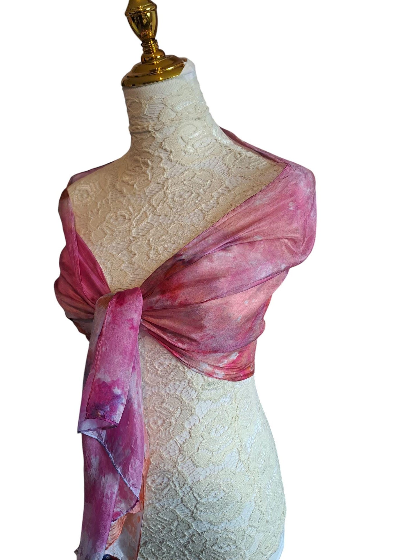 Hand Ice Dyed Silk Scarf: Pink & Gold Floral Shawl