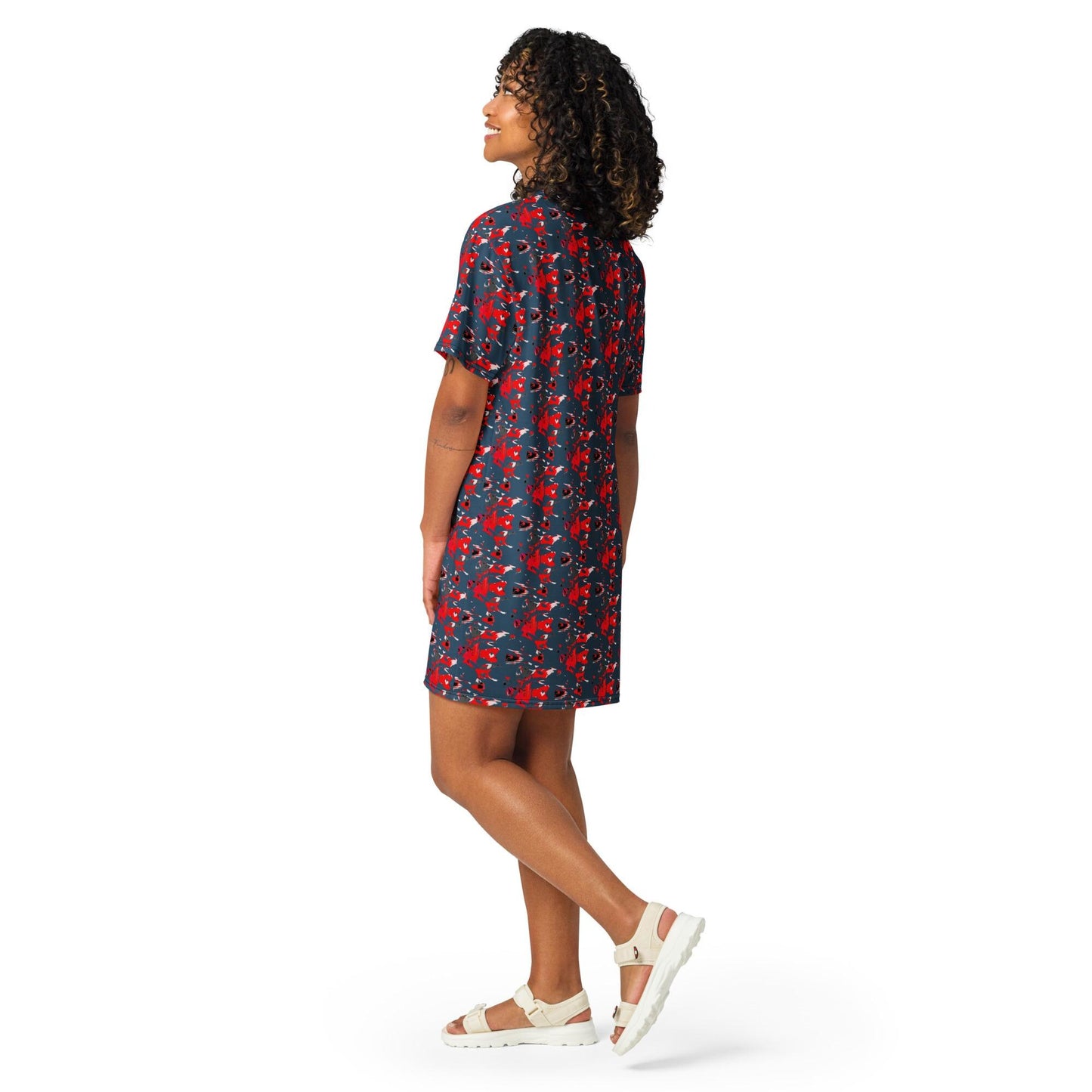 Blue Floral T-Shirt Dress: Red Abstract Print, Soft Cotton Blend