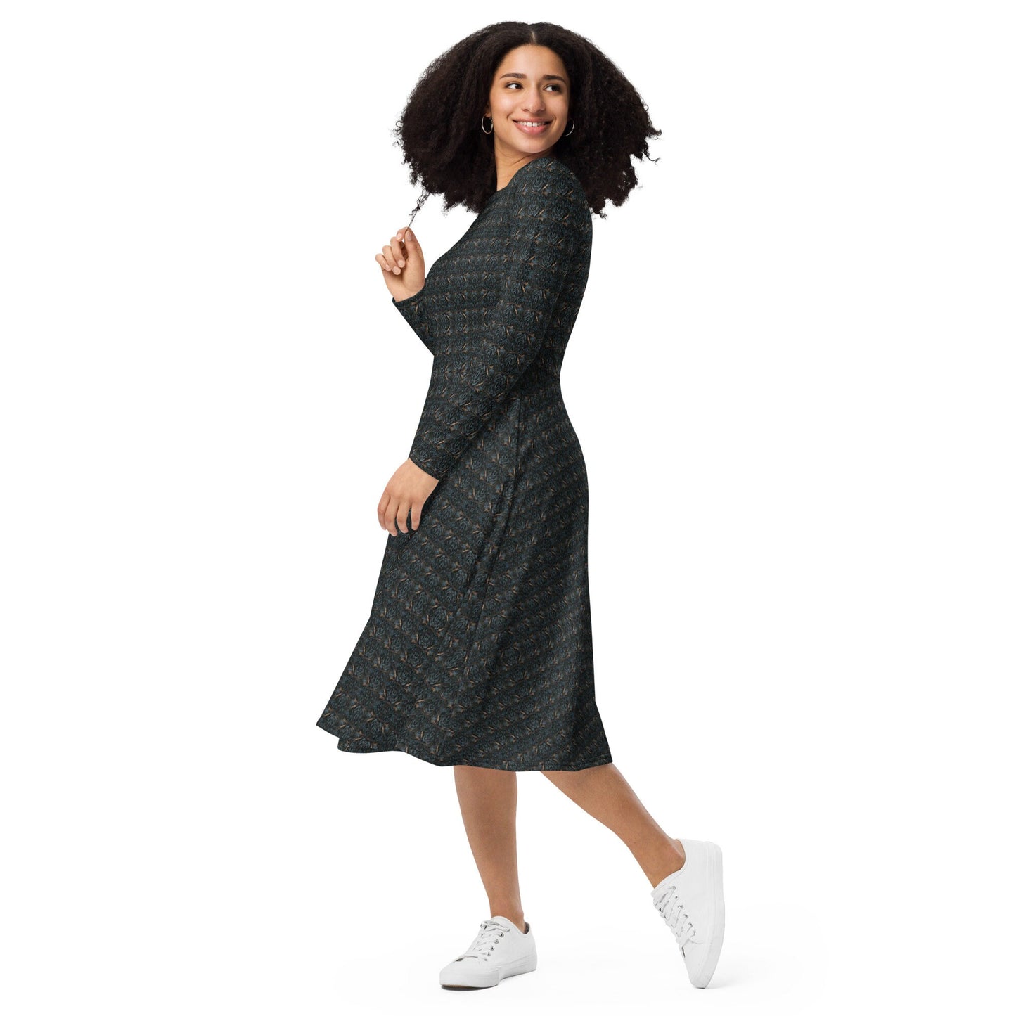 Navy Blue Marble Knit Midi Dress | Long Sleeve Party Gown