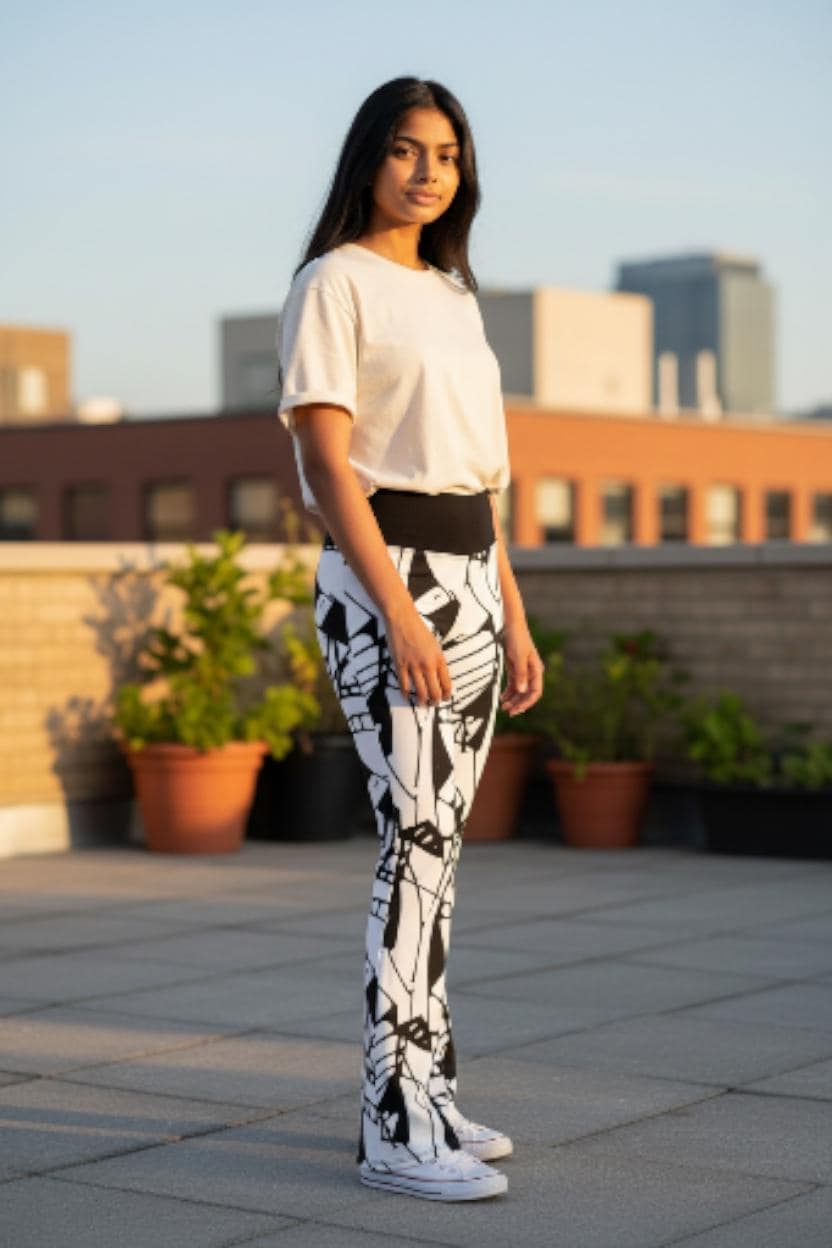 Bold Abstract Graphic Print Flare Leggings | Black & White High Waisted Trousers