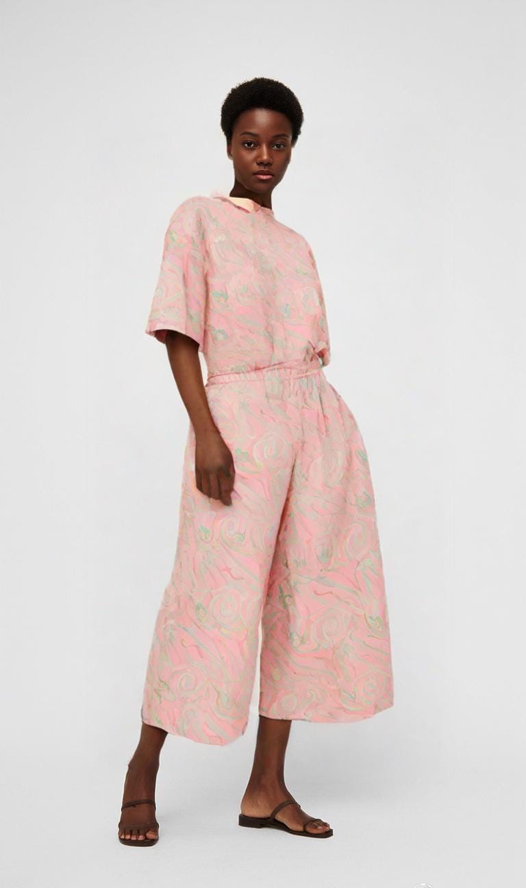 High Waisted Pastel Marble Trousers – Pink and Green Abstract Print Wide Leg Pants