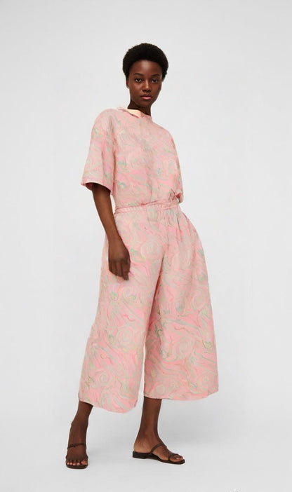High Waisted Pastel Marble Trousers – Pink and Green Abstract Print Wide Leg Pants