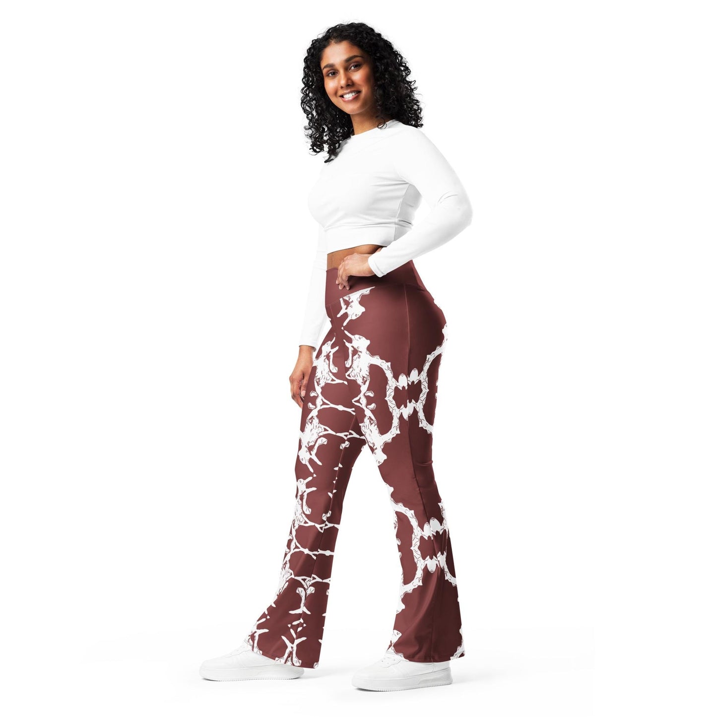 Abstract Flare Leggings: High-Waisted Brown & White Trousers